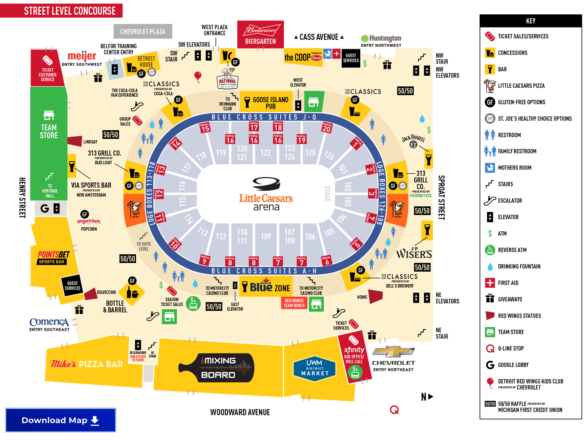 Little Caesars Arena - Street Level Concourse Map