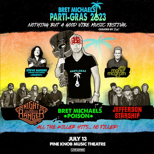 More Info for 94.7 WCSX Presents Bret Michaels’ “2023 Parti-Gras Tour” A Celebration Of Fans, Bands, Music,  And An All Killer, No Filler Night Of Hit Songs At Pine Knob Music Theatre July 13